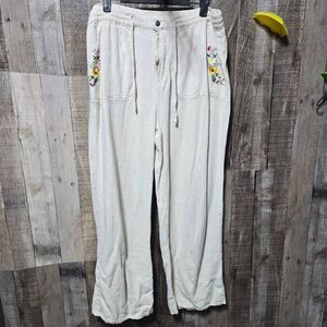 Style Me Cream Floral Embroidered Linen Blend Pants